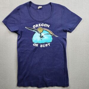 Vintage 70s Hanes French Cut Shirt Womens Large Blue Oregon Or Bust 80s USA Made